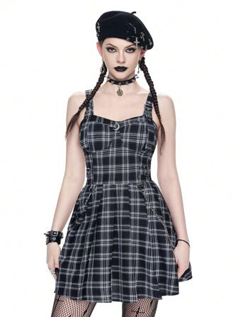 Goth Gothic Dark Academy Plaid Metal Buckle Strap Decor Women Pinafore Pleated Dress, Back-To-School Season