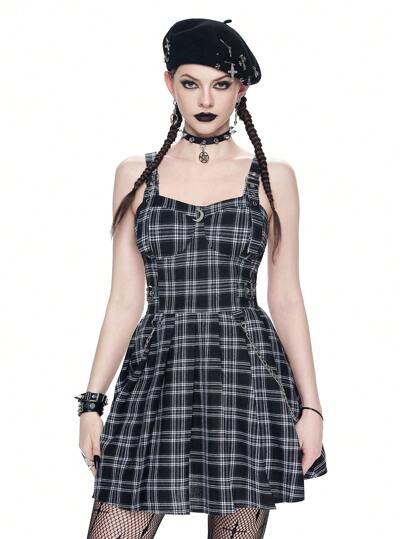 Goth Abito plissettato da donna con taglie forti, decoro con fibbia metallica e motivo scozzese, adatto per la stagione del ritorno a scuola