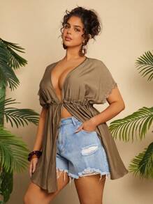 SHEIN VCAY 加大抽绳腰部蝙蝠袖蕾丝拼接开叉下摆沙滩和服 - 軍綠色 - 查看 3