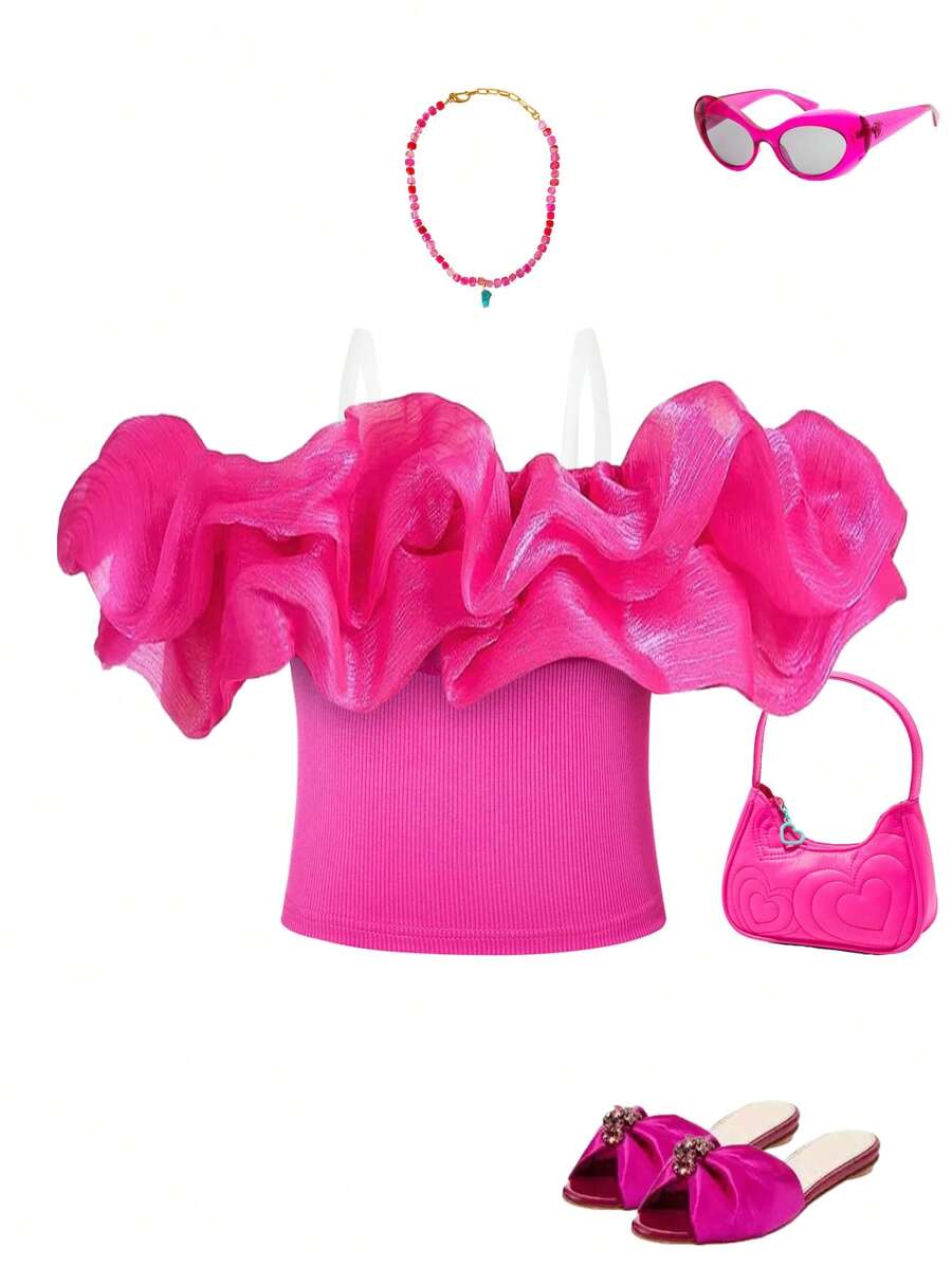 Young Girl' Elegant Solid Rose Red Textured Fabric Asymmetrical Ruffle Collar T-Shirt, Parent-Child Set, Spring/Summer - Hot Pink - View 1