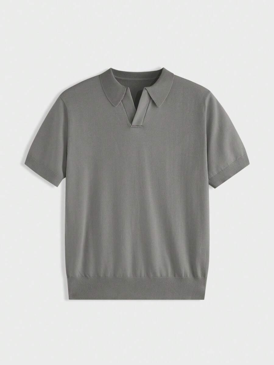 AKNOTIC Business Casual Herr enfärgad polokrage kortärmad stickad tröja för skolan - Ljusgrå - Visa 1