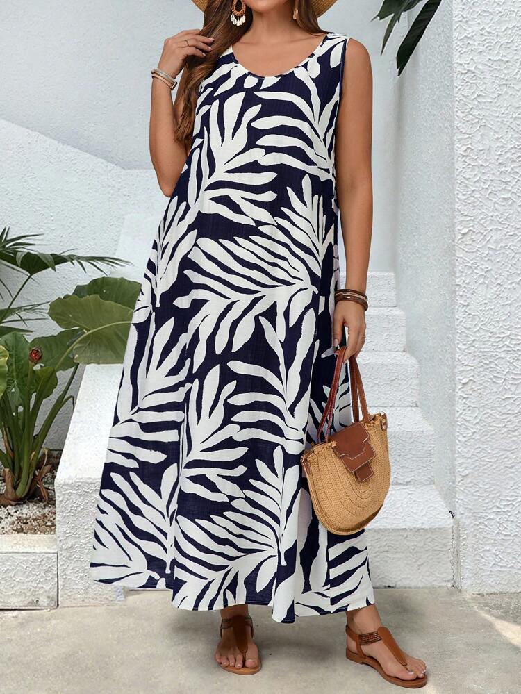 Plus Size Women Floral Print Sleeveless Round Neck Maxi Summer Dress,Gifts For Mother,Summer Holiday,Vacation Outfits Women,Simple And Fashionable For Everyday Wear,Vacay Vibes,Springbreak,Casual Wear SS,Bohemia,Sun Dresses For Women,Flower