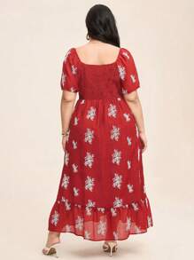 SHEIN LUNE Plus Size Women Floral Print Square Collar Short Sleeve Elegant Dress Red And White,Summer,Boho,Vacation,Holiday Sun Dress Birthday Gown Work Clothing - Red - View 2