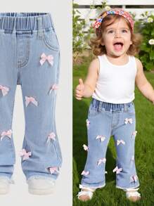 SHEIN Baby Girl Pink Bowknot Accent Denim Jeggings, Elastic Flare Pants - Light Wash - View 1