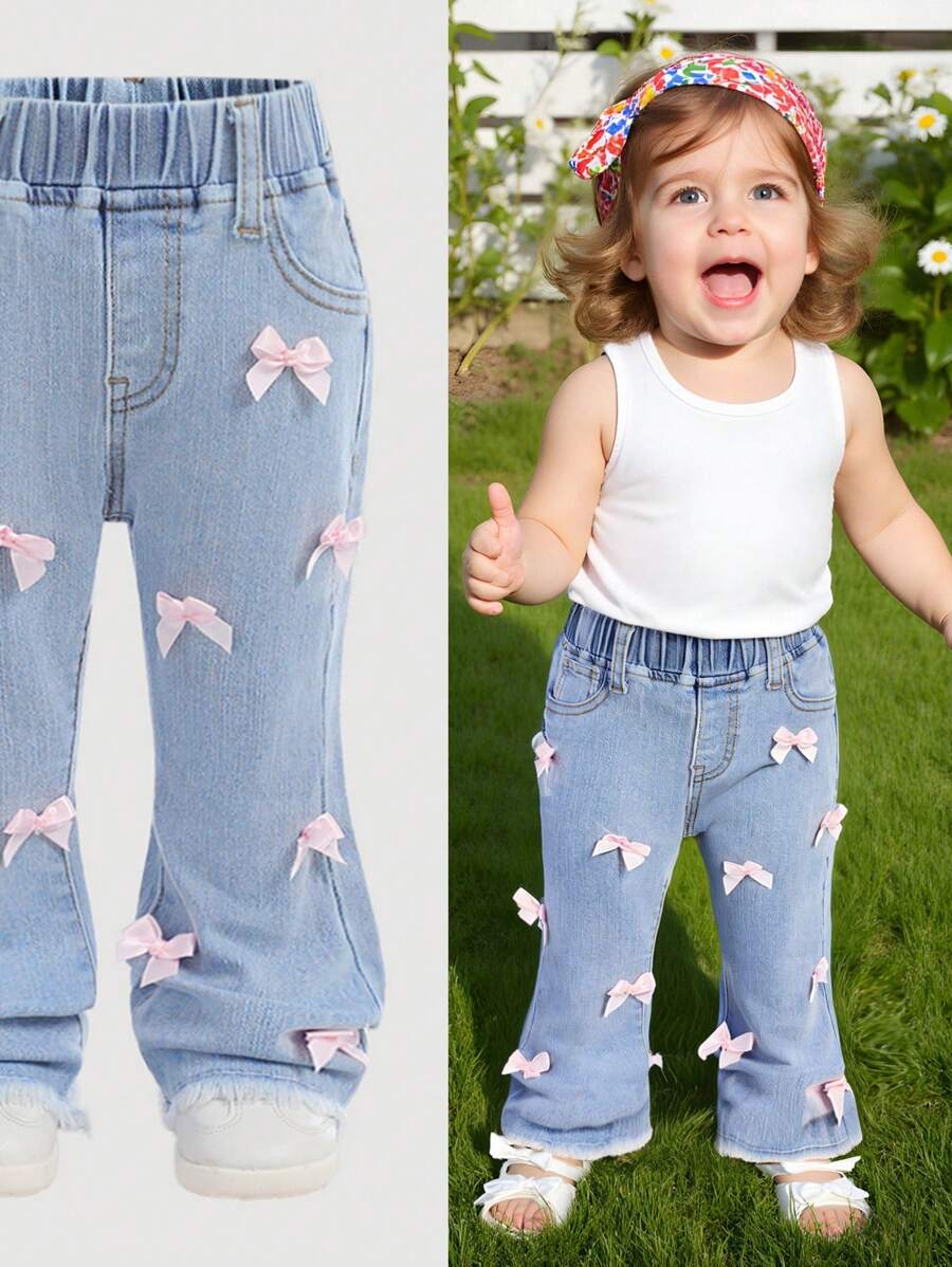 SHEIN Baby Girl Pink Bowknot Accent Denim Jeggings, Elastic Flare Pants - Light Wash - View 1