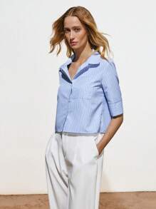Lumivelle Blue And White Vertical Striped Loose Short Sleeve Button Up Cardigan With Pockets