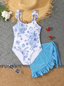 Tween Girls Retro Cute Flower Print Swimsuit Two Pieces Set,Ruffle One-Piece Swimsuit With Beach Skirt - Blue and White - View 3