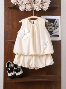 SHEIN 两件套夏季少女可爱水钻装饰背心短裤套装，休闲甜美风 - 杏色 - 查看 6