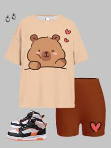 SHEIN Conjunto de 2 piezas de camiseta de manga corta y pantalones cortos con estampado de Capibara de dibujos animados, estilo casual y minimalista, apropiado para niñas adolescentes en verano