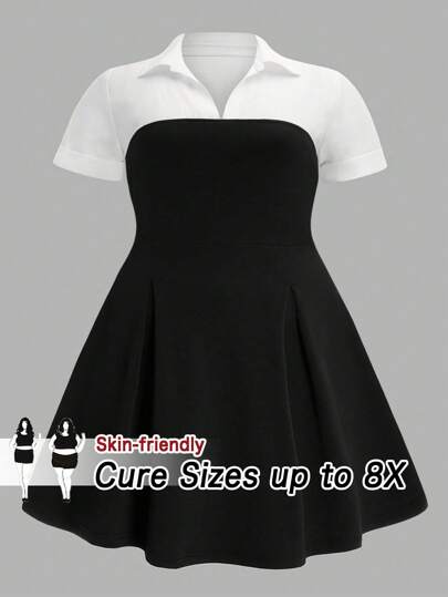 SHEIN CURVE+ Plus Size Women's Elegant Vacation Party Sweet Sexy Black & White Patchwork Long Sleeve A-Line Dress, Birthday Party Outfit, Cocktail Dress, Wedding Guest Dress, Formal Evening Gown