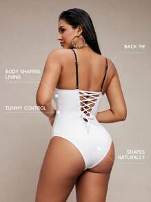 Shapewave Tummy Control Backless Lace-Up One-Piece Swimsuit, Black & White - Black and White - View 8