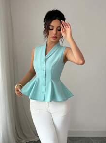 Elenzga Women's Simple Single-Breasted Ruffled Hem Suit Vest For Commuting
