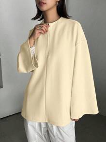 FRIFUL 女士休闲纯色落肩宽松半拉链喇叭袖 T 恤长袖女式上衣 - 杏色 - 查看 5