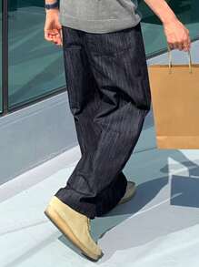 DAZY Spring Men's Plain Drawstring Waist Pocket Wide Leg Jeans - Navy Blue - View 2