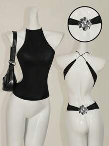 SHEIN ICON 1pc Women's Solid Color Black Backless Tight Camisole, Sexy For Summer - Black - View 3