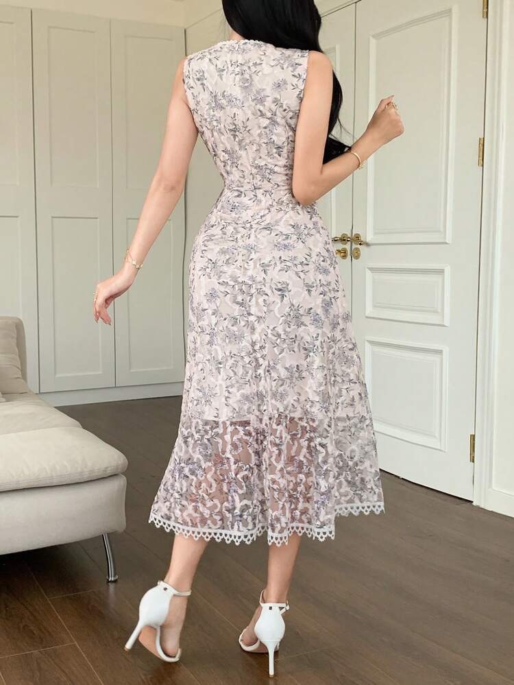 Sleeveless Floral Print Round Neck Mid-Length Dress For Women,Dress For Wedding Luxury Prom Dress