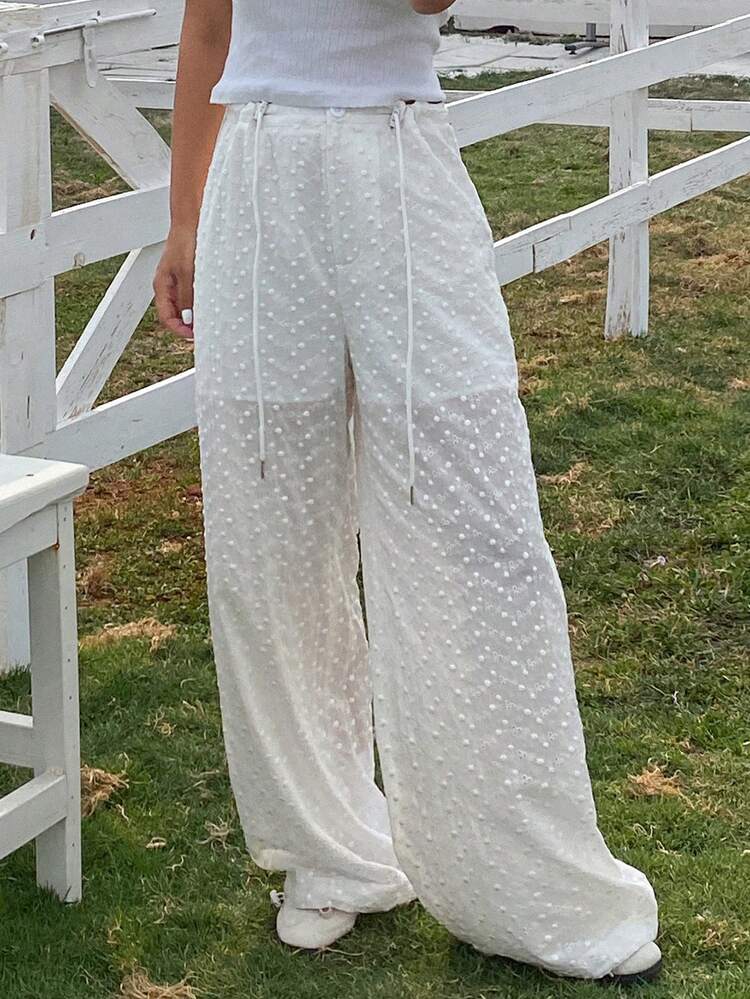 Women's Cinched Waist Hollow Out Crochet Wide Leg Pants Vacation