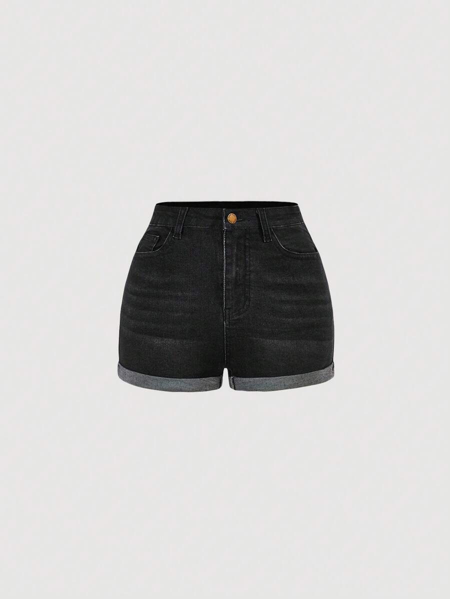 SHEIN Girlism Teen Girls' Pocketed Cuffed Casual Versatile Denim Shorts - Black - View 1