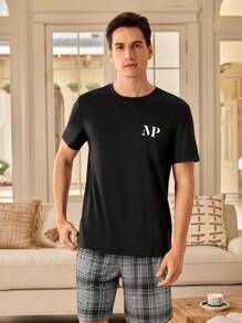 Manfinity Underwear&Sleepwear Basics Camiseta de manga corta con cuello redondo y estampado de letras para hombre, para usar en casa