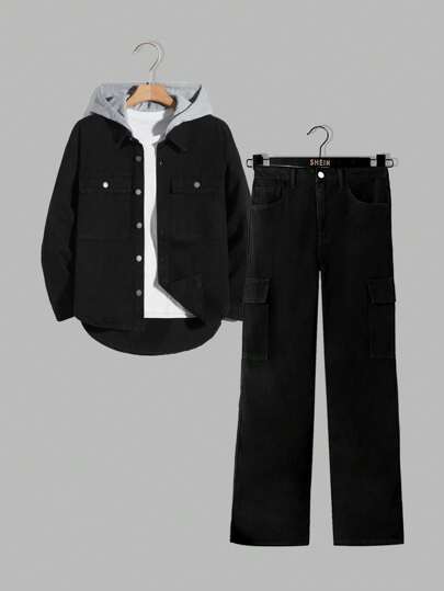 SHEIN 2-teiliges Outfit für jugendliche Jungen, bestehend aus bequemem schwarzem Denim-Hemd mit Kapuze und grauem Strickstoff sowie Cargohose mit weiter, gerader Beinform aus bequemem Material für Lässig, Alltag und Sommer-/Frühlingsgarderobe für Teenager-Jungen