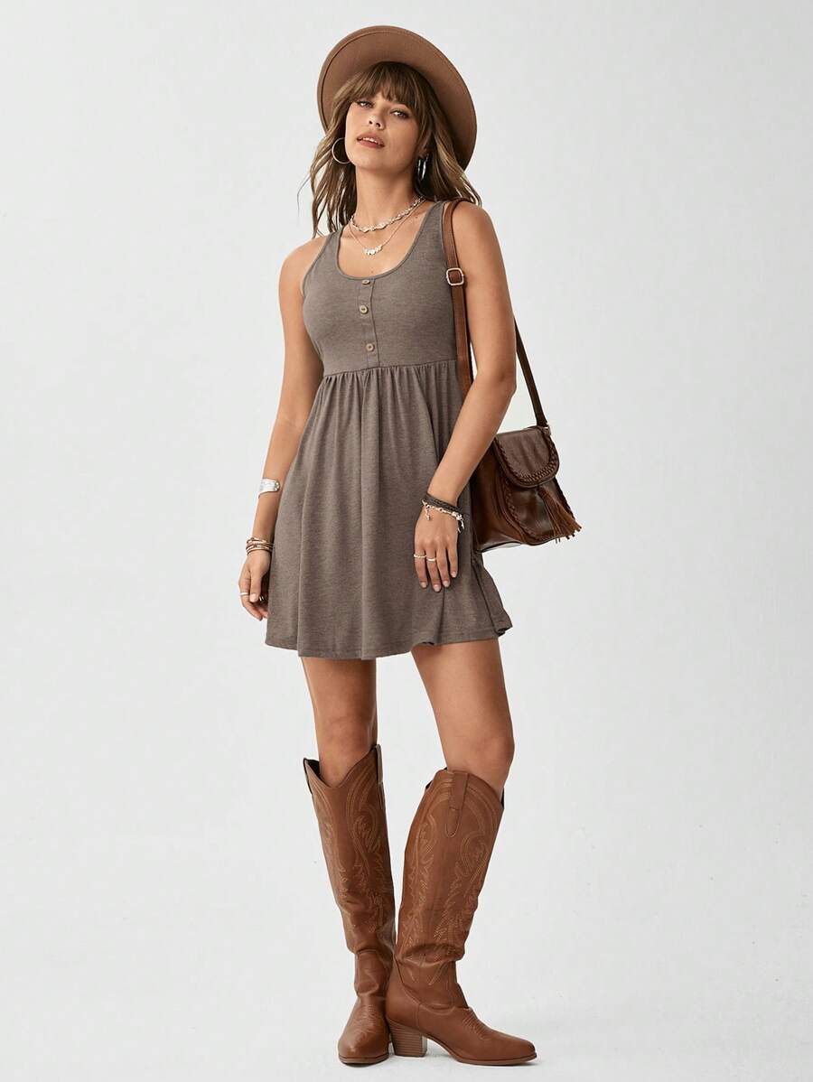 SHEIN LUNE Women's Sleeveless Button Decorated Dress - Brown - View 1