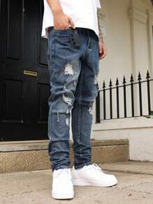 Manfinity LEGND Men's Ripped Pocket Casual Fashion Straight Leg Jeans - Light Wash - View 6