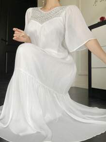 DAZY Elegant Beaded Ruffle Lotus Sleeve Round Neck Women Mid-Length Dress, Summer,Back To School Clothes