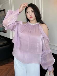 Dazy Plus 大尺碼珍珠裝飾露肩寬鬆燈籠袖派對上衣，紫色，適合春夏校園穿搭 - 紫色 - 查看 6