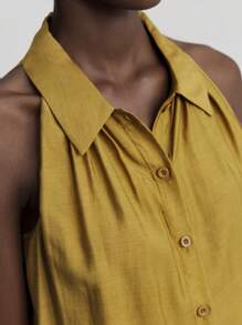 Ontre 2 piezas Traje casual cómodo para mujer, tela de lana y tencel, color mostaza, camisa sin mangas con cuello y pantalón de pierna ancha, Colección nueva 2025, versátil para todas las estaciones, vestimenta casual de oficina, conjunto urbano de alta calidad para viajes, moda premium para el aeropuerto