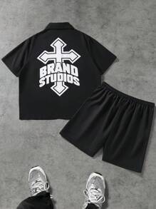 Manfinity EMRG 大码男士休闲十字印花短袖衬衫和短裤套装，夏季 - 黑色 - 查看 2