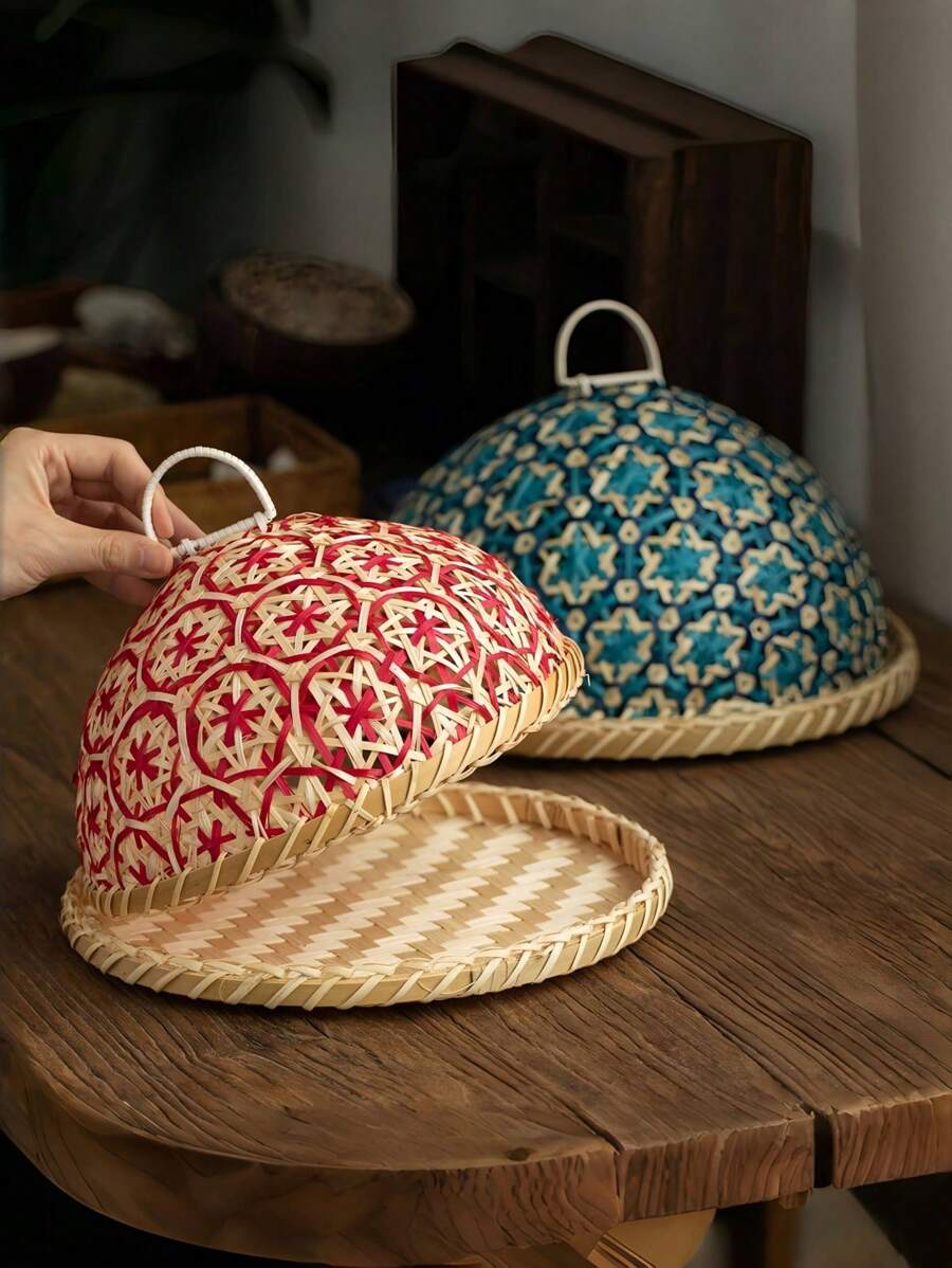 1 pieza Cesta tejida a mano de ratán para frutas/pan talla grande vendida para la celebración del Eid Al-Adha y el Ramadán, con tapa, bandeja de almacenamiento de alimentos transpirable, estilo bohemio para la sala de estar, oficina, comedor, picnic al aire libre, diseño bohemio de lujo y ligero.