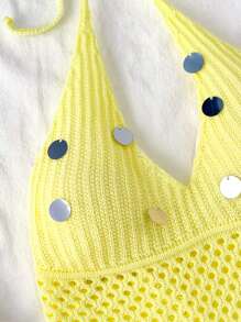 Sweetra Summer Vacation Lightweight Yellow Hollow Out Tassel Beaded Casual Knitted Dress, Flattering