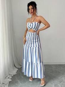 Elenzga Vestido de fiesta elegante de verano 2025 con escote cruzado de rayas, vestido deslizable con cintura anudada y sin tirantes, vestido versátil y sexy adecuado para citas, salidas, vacaciones, bodas, fiestas, carnavales, Pascua, festivales de música, festivales de cerveza