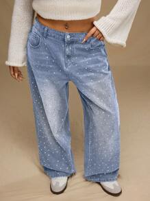 SHEIN Forever 21 Jeans casuales de pierna ancha con bolsillos y adornos de strass para mujeres de talla grande
