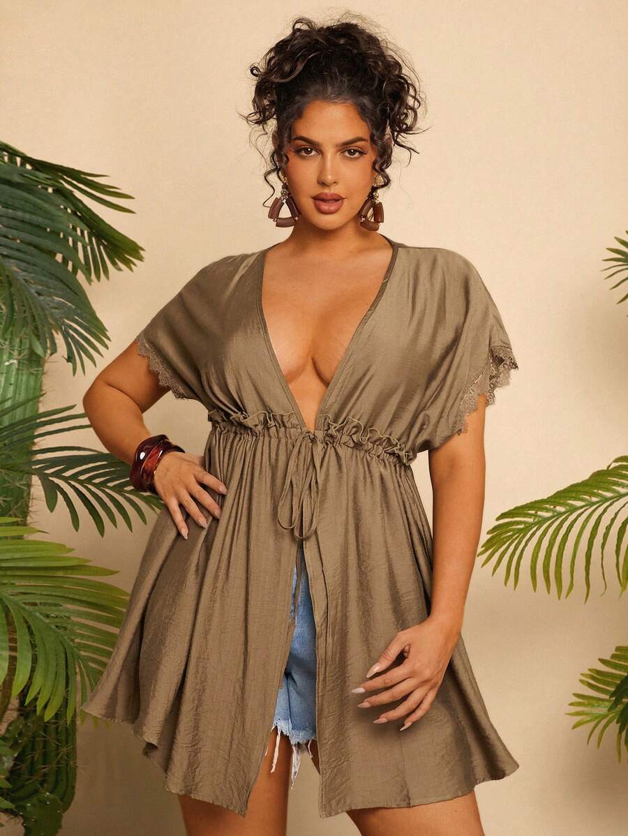 SHEIN VCAY 加大抽绳腰部蝙蝠袖蕾丝拼接开叉下摆沙滩和服 - 軍綠色 - 查看 1