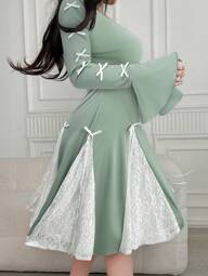 Modelyn Vestido Elegante de Manga Sino com Decote Redondo e Laço Decorativo, Comprimento Médio, Para Mulheres