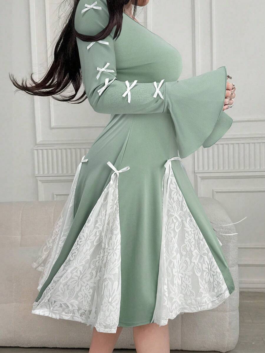 Modelyn Women's Bowknot Decor Round Neck Flare Sleeve Elegant Mid-Length Dress - Green - View 1