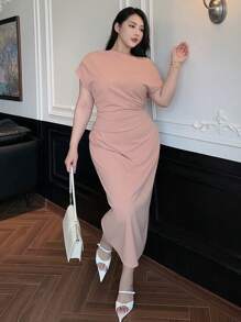 Dazy Plus Plus Size Solid Color Asymmetric Neck Midi Dress, Elegant Midi Length Dress In Pink,Formal Women Dresses