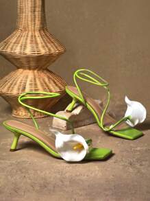 SHUZIA Sandalias elegantes de mujer con tiras en los tobillos, tacón de aguja sexy y decoración de flores
