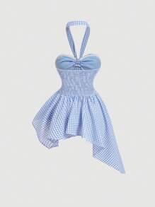 SHEIN MOD Charmantes Land-Stil blaues & weißes kariertes Trägertop mit asymmetrischem Saum für Frauen