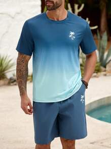 ResortEase Set da 2 pezzi, maglietta a maniche corte con stampa gradiente floreale e pantaloncini casual con tasche, per uomo taglia oversize, adatto per vacanze