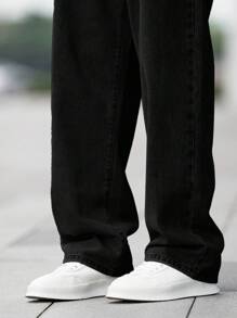 SHEIN Teen Boy Fashion Casual Black Denim Basic Simple Loose Straight Leg Jeans For Boys Soft Dailywear And The Four Seasonsr Teen Boy Clothes - Black - View 3