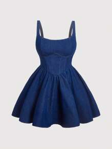 SHEIN MOD Plus Size Solid Color Cinched Waist Casual Denim Jumpsuit Dress Blue - Dark Wash - View 1