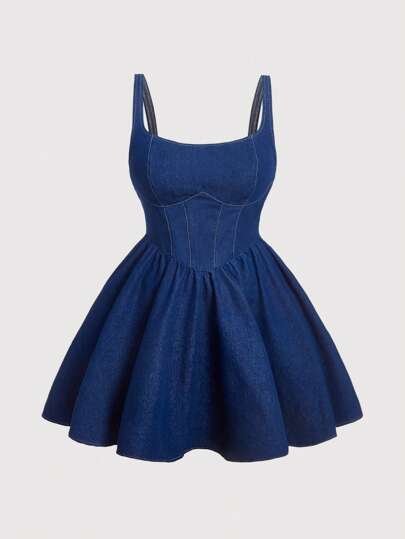 SHEIN MOD 大码纯色束腰休闲牛仔连身裤连衣裙