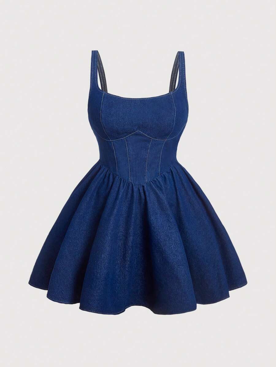 SHEIN MOD Plus Size Solid Color Cinched Waist Casual Denim Jumpsuit Dress Blue - Dark Wash - View 1