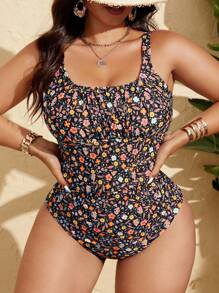 SHEIN Swim Curve 加大码女式连体泳衣，新款印花设计，可调节肩带，可拆卸护垫，前部褶皱，修身优雅，时尚休闲，适合海滩和泳池穿着 - 彩色 - 查看 4