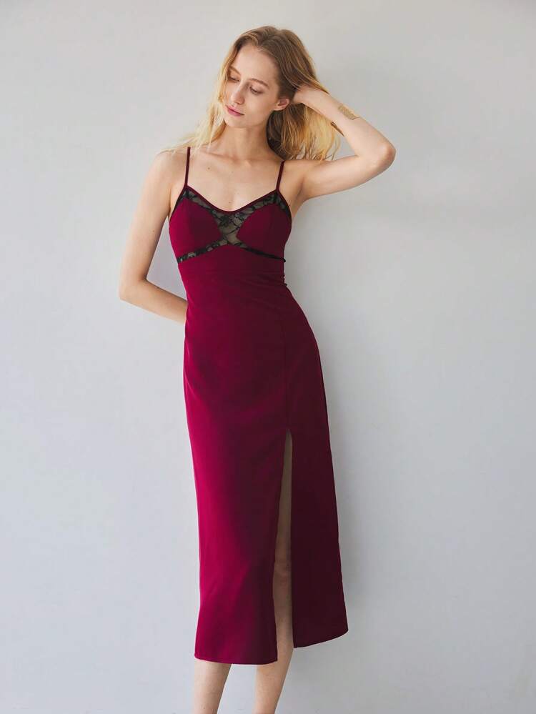 SHEIN Maija Purple-Red And Black Lace Patchwork Design Sling Open Slit Sexy Mid-Length Dress For Women, Elegant Quality, Versatile For Spring/Summer, Festivals And Parties