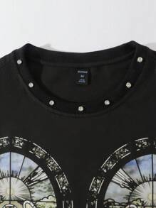 ROMWE MEN Street Life Men's Religious Rhinestone Printed Loose Crop T-Shirt, 2000s Style - Black - View 2