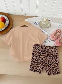 SHEIN Happikins 2pcs/Set Young Girl Casual Heart & Leopard Print Short Sleeve T-Shirt And Shorts Set, Suitable For Summer