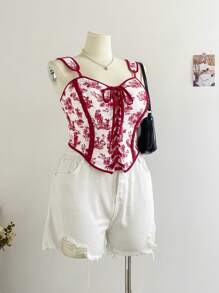 SHEIN WYWH CURVE Áo ba lỗ buộc dây phía trước họa tiết hoa đỏ cỡ lớn cho nữ, Áo khoác ngoài cho kỳ nghỉ mùa xuân - Nhiều màu - Xem 4